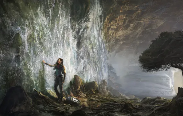 Girl, stones, tree, surrealism, waterfall, art, Michal Matczak