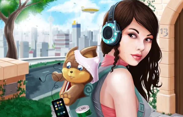 Girl, the city, panties, dog, headphones, art, player, backpack