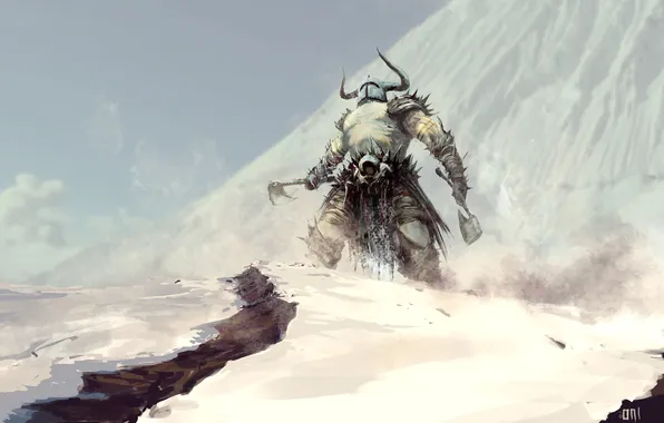 Picture snow, mountains, weapons, warrior, art, horns, helmet, axe