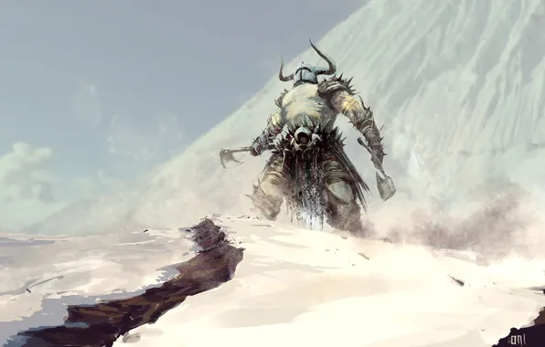Snow, mountains, weapons, warrior, art, horns, helmet, axe