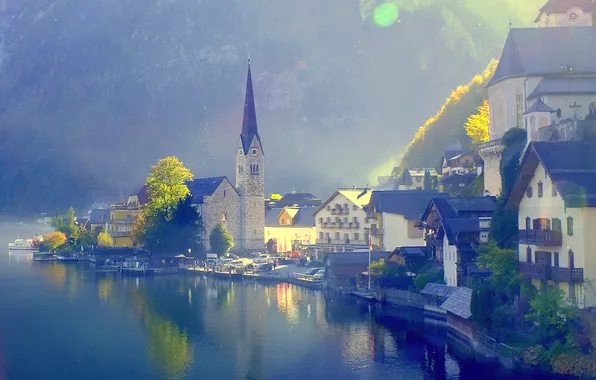 Autumn, trees, mountains, the city, lake, home