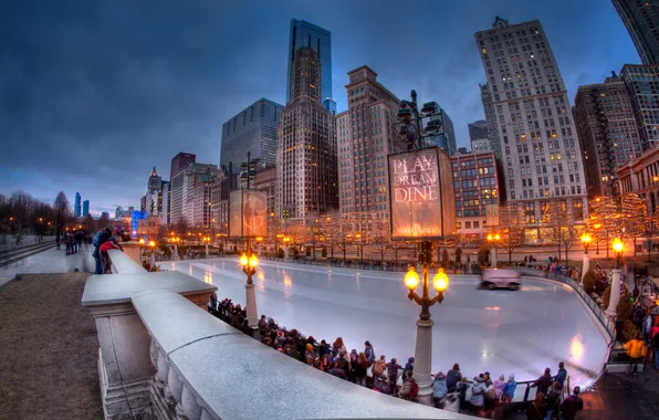 Winter, the city, the evening, Chicago, rink, USA, Chicago, illinois