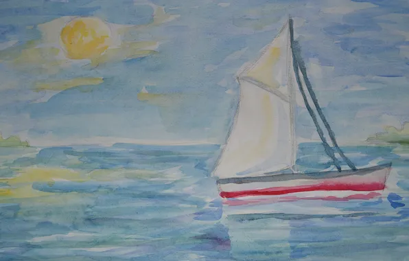 Picture sea, the sun, figure, sailboat, watercolor, quiet