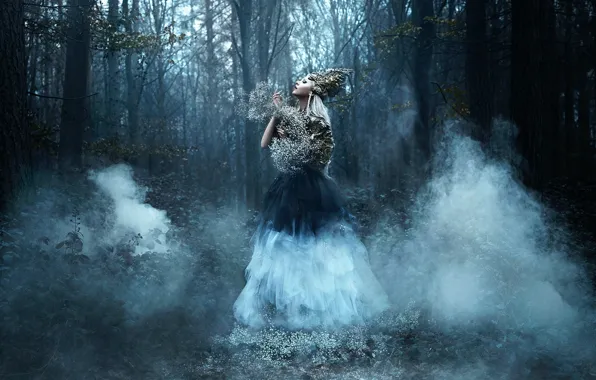 Forest, girl, smoke, Bella Kotak, Daughter of Spring