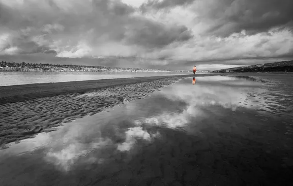 Girl, clouds, black and white, Shore