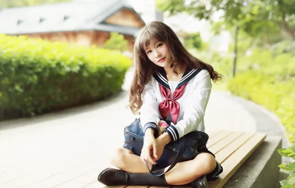 Picture girl, Asian, bench