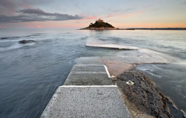 Sea, landscape, lighthouse, England, St.Michaels Moun, Marazion