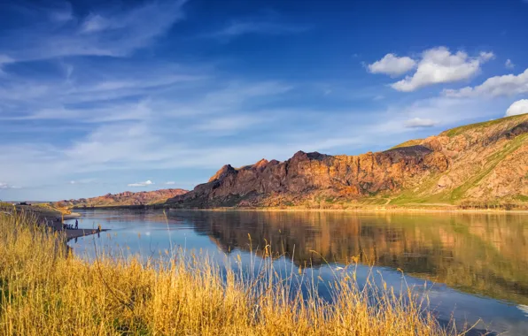 Picture autumn, the sky, grass, clouds, light, mountains, lake, reflection