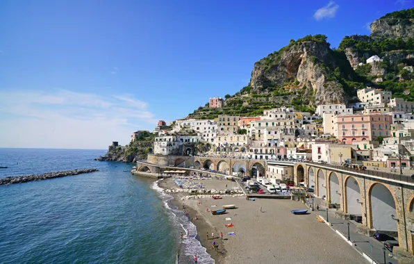 Picture sea, beach, mountains, Italy, Atrani