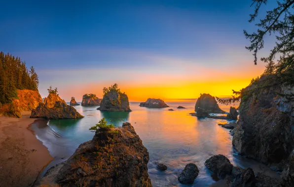 Sea, sunset, rocks, shore, the evening