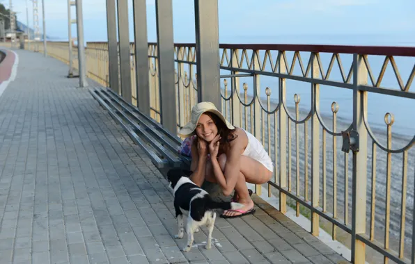 Girl, smile, dog, model, cute, seashore, platform, Nensi