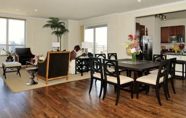 Interior, kitchen, living room, dining room, open space