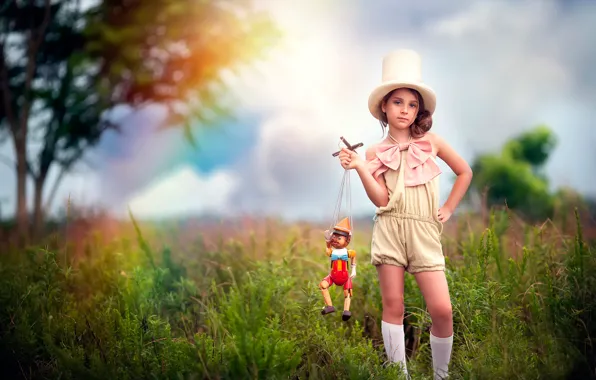 Hat, doll, girl, knee, puppet, child photography, Puppet Master, rainbow overlay