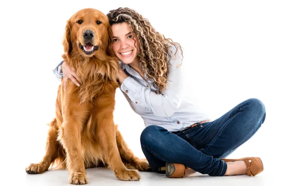 Picture girl, smile, dog, jeans, hairstyle, shoes, white background, red