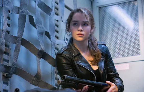 Look, Emilia Clarke, leather jacket, Emilia Clarke, Sarah Connor, Terminator: Genesis, Terminator Genisys