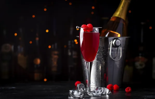 Berries, raspberry, the dark background, table, wine, glass, bottle, alcohol