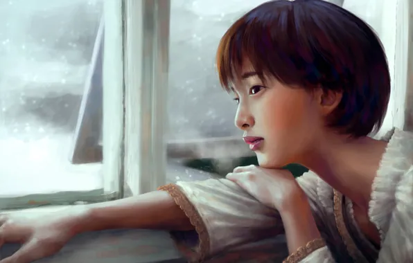 Look, actress, window, art, painting, Gouriki Ayame
