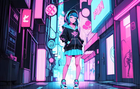 City, girl, street, ai art, neon