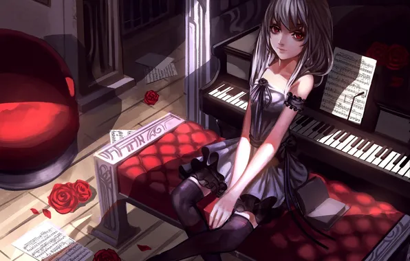 Picture girl, flowers, notes, roses, anime, art, piano, baka