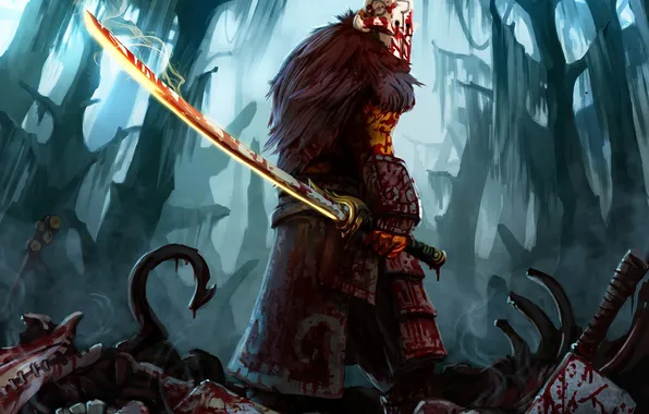 Picture forest, weapons, blood, mask, corpses, blade, Dota 2, Jugg