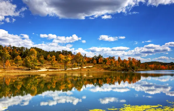 Autumn, the sky, clouds, trees, reflection, river