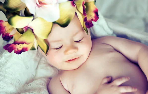 Flowers, children, smile, sleep