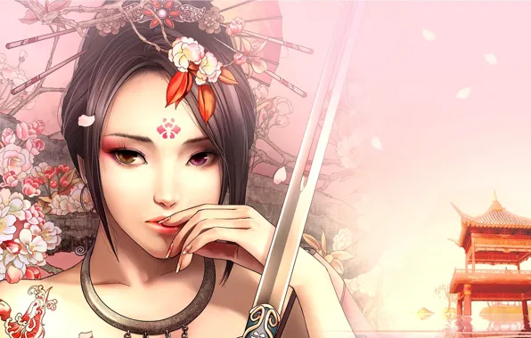 Girl, flowers, pattern, hand, sword, katana, art, tattoo