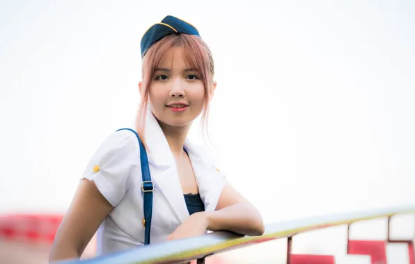 Picture girl, Asian, cutie, uniform, bokeh, stewardess