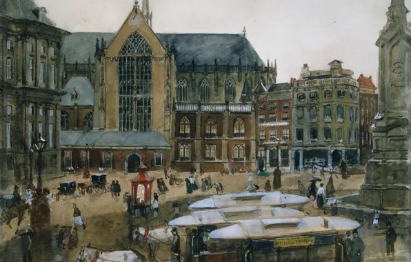 Picture figure, picture, watercolor, the urban landscape, Georg Hendrik Breitner, The Dam square in Amsterdam
