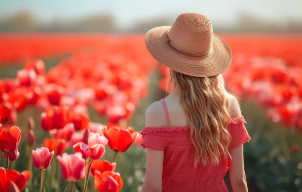 Field, girl, light, flowers, red, back, spring, hat