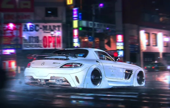 Picture Mercedes-Benz, AMG, SLS, Night, White, Tuning, Future, Supercar, by Khyzyl Saleem