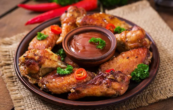 Greens, chicken, meat, pepper, sauce