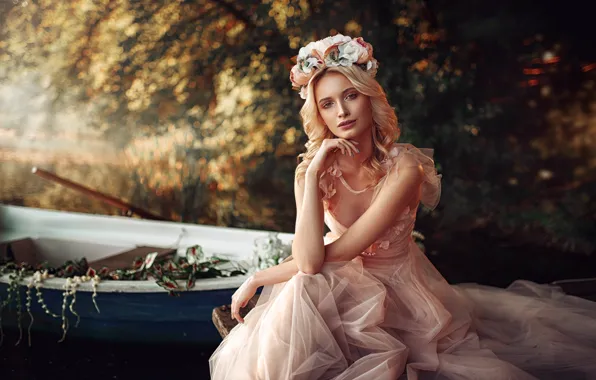 Picture look, trees, woman, boat, nymph