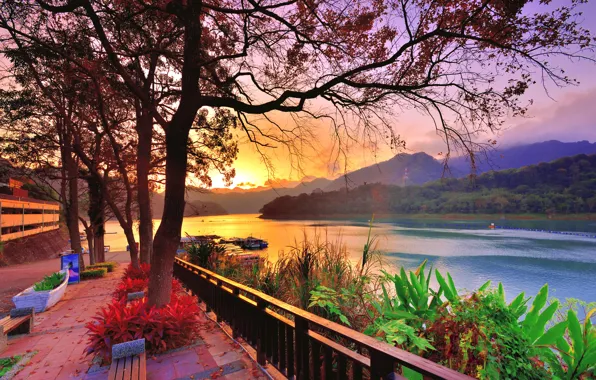 Picture autumn, trees, landscape, mountains, nature, river, morning, promenade