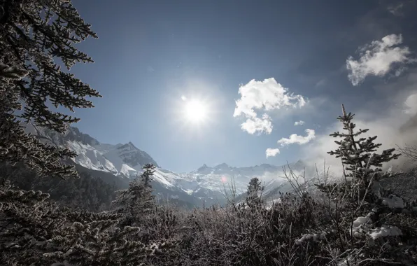 Picture the sun, snow, mountains, China, Sichuan province