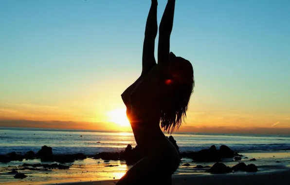 Sunset, The sun, Sand, Sea, Wave, Silhouette