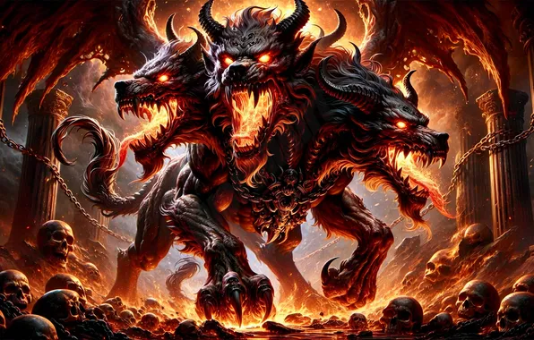 Skull, Cerberus, purgatory, the Hellhound, three heads