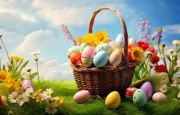 Flowers, basket, glade, eggs, spring, colorful, Easter, happy