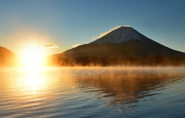 Wallpaper the sun, rays, light, sunset, fog, lake, Japan, mount Fuji ...