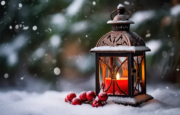 Picture winter, snow, decoration, night, New Year, Christmas, lantern, light