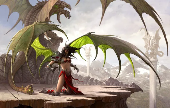 Picture mountains, woman, dragon, wings, columns, 07645