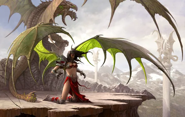 Mountains, woman, dragon, wings, columns, 07645
