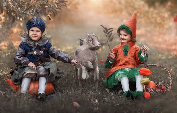 Leaves, branches, nature, children, animal, basket, vegetables, costumes
