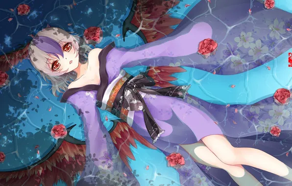Picture water, girl, flowers, roses, wings, anime, art, kimono
