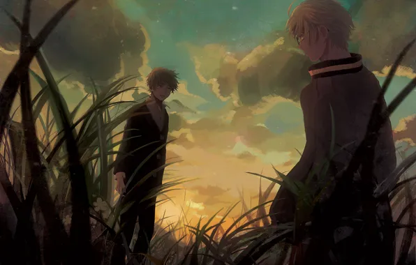 The sky, grass, clouds, sunset, flowers, anime, art, guys