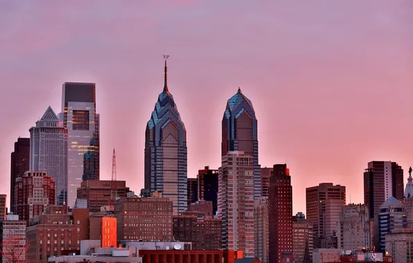 The city, dawn, glow, skyscrapers, morning, USA, Philadelphia, Pennsylvania