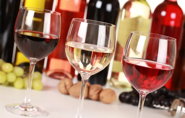Wine, red, white, glasses, pink, grapes, bottle, nuts
