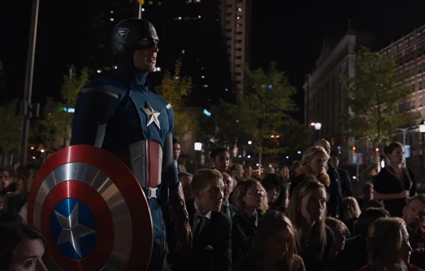 The crowd, costume, team, shield, Marvel, Captain America, superheroes, Chris Evans