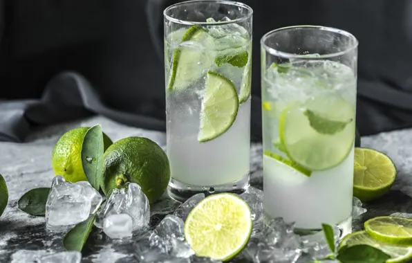 Ice, lime, glasses, drink, mint