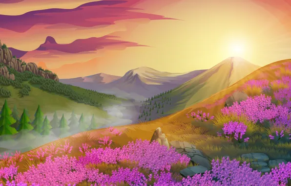 The sun, trees, landscape, flowers, mountains